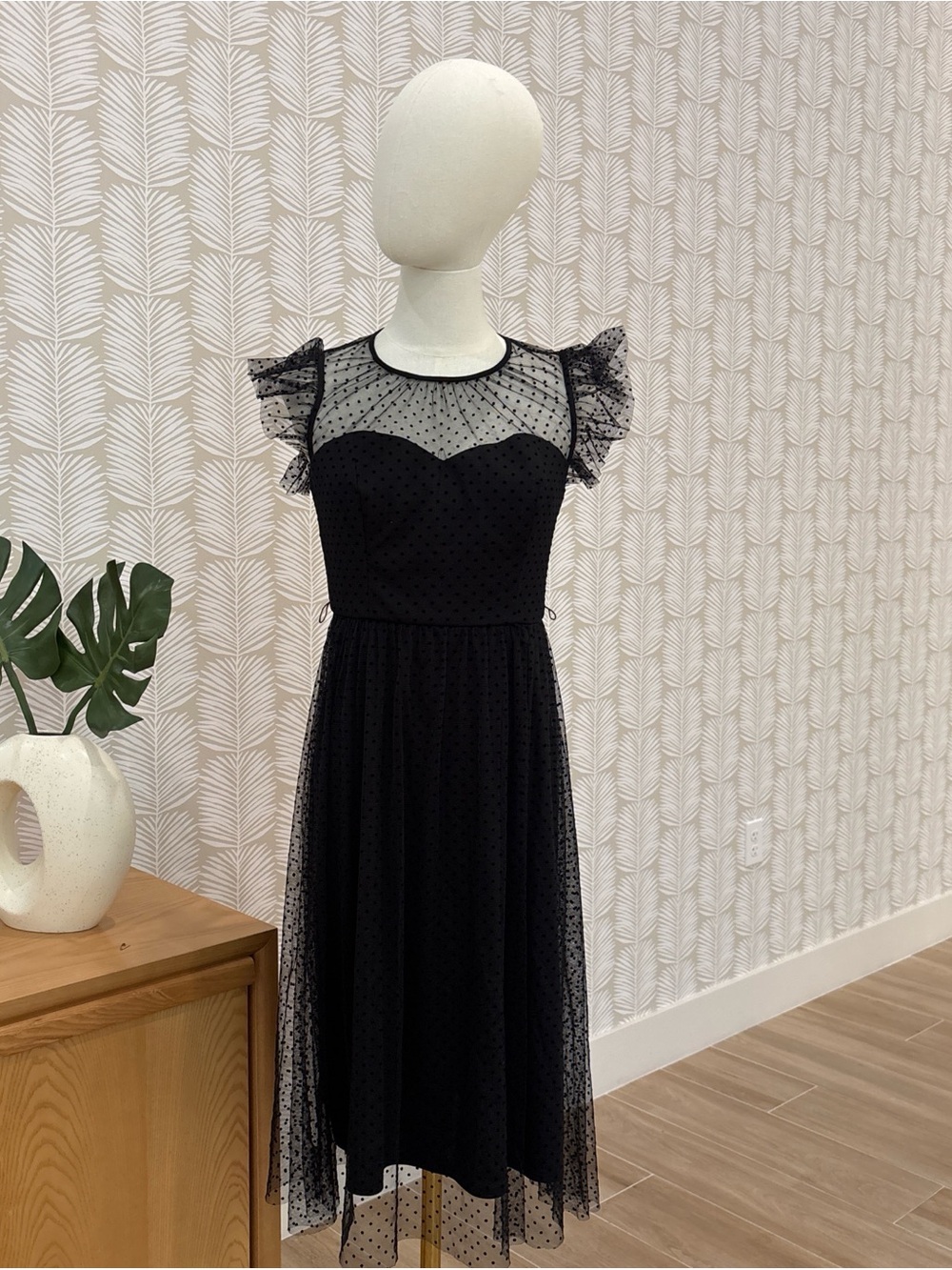 Jason Wu Black Polka Dot Mesh Midi Dress with Ruffle Cap Sleeves